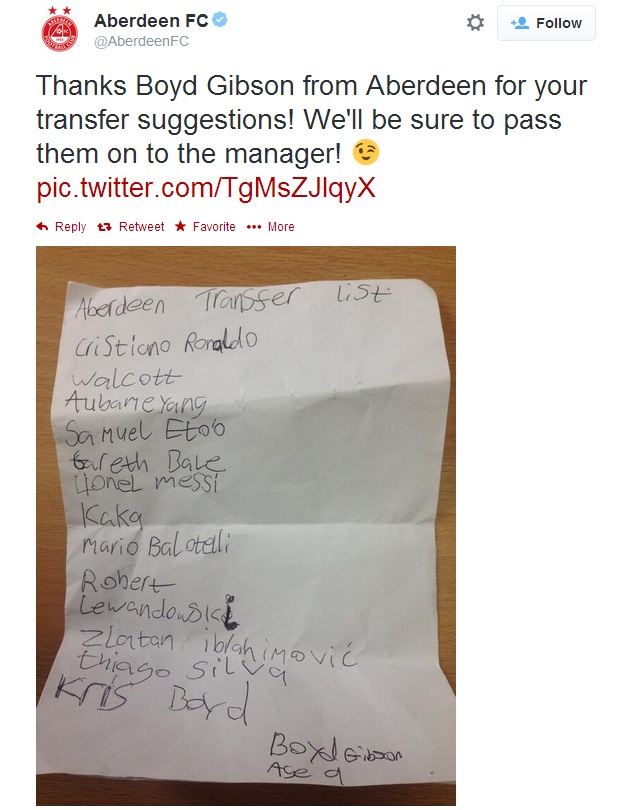 アバディーン 9歳の少年が送った手書きの補強リストに粋な心遣い サッカーキング