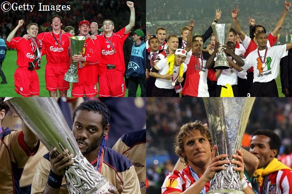 Football. UEFA Cup Final. 16th May 2001. Dortmund, Germany. Liverpool 5 v Deportivo Alaves 4 (on Golden Goal). Liverpool quartet L-R: Michael Owen, Robbie Fowler, Jamie Carragher, and Steven Gerrard are pictured with the trophy during the celebrations.