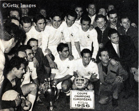 Sport. Football. European Cup Final. Paris, France. 13th June 1956. Real Madrid 4 v Reims 3. The victorious Real Madrid side celebrate with the trophy after the game, the first European Cup Final.