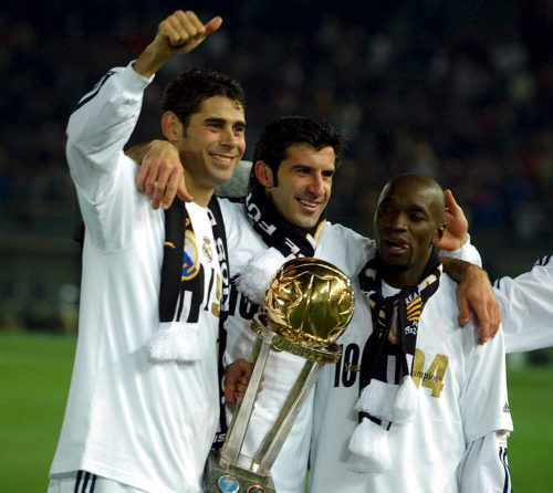 Fernando Hierro, Luis Figo and Claude Makelele of Real Madrid