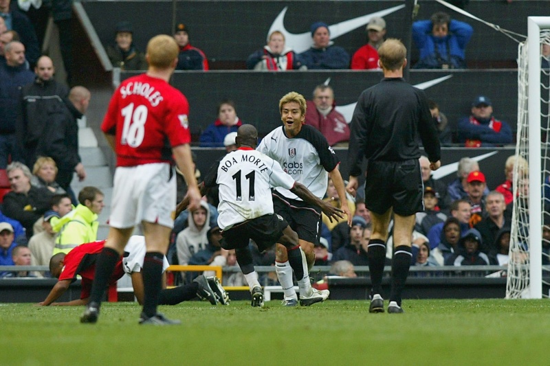 Junichi Inamoto of Fulham celebrates scoring with his team mates